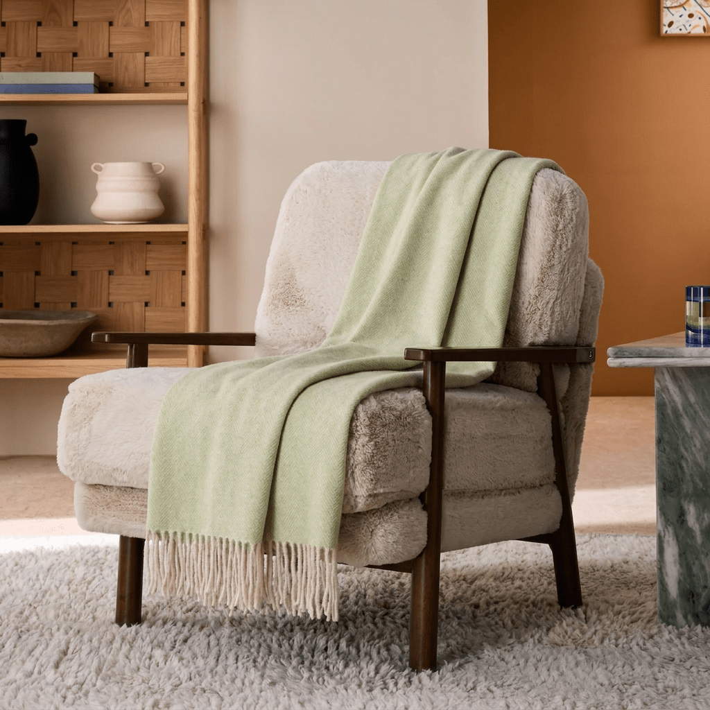 Highland Herringbone Wool Blend Throw Blanket with Tasselled Fringe - SAGE GREEN - Heritage Of Scotland -