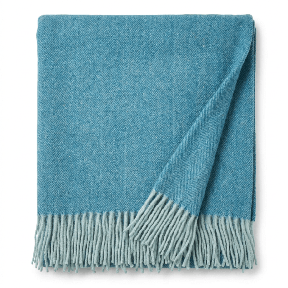 Highland Herringbone Wool Blend Throw Blanket with Tasselled Fringe - TURQUOISE - Heritage Of Scotland -