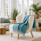 Highland Herringbone Wool Blend Throw Blanket with Tasselled Fringe - TURQUOISE - Heritage Of Scotland -