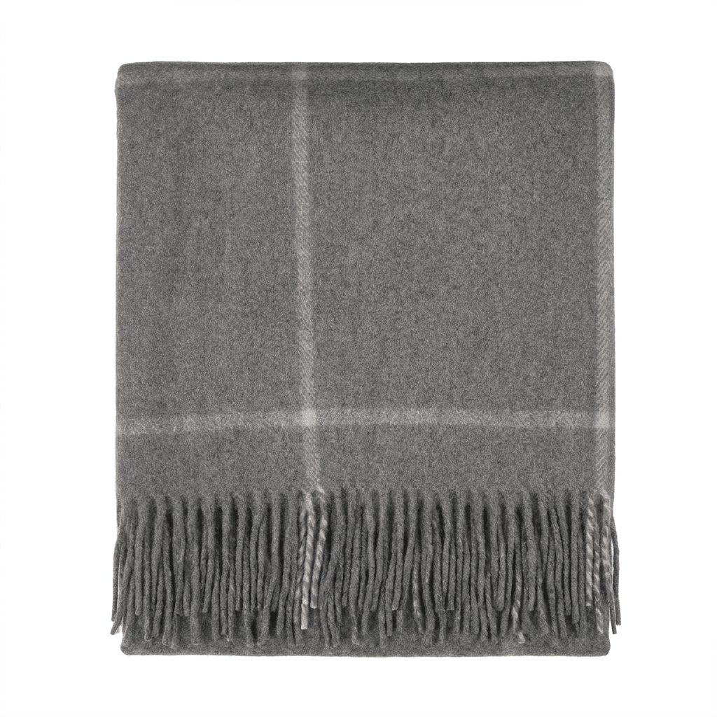 Highland Windowpane Wool Blend Throw Blanket with Tasselled Fringe - GRANITE GREY - Heritage Of Scotland -
