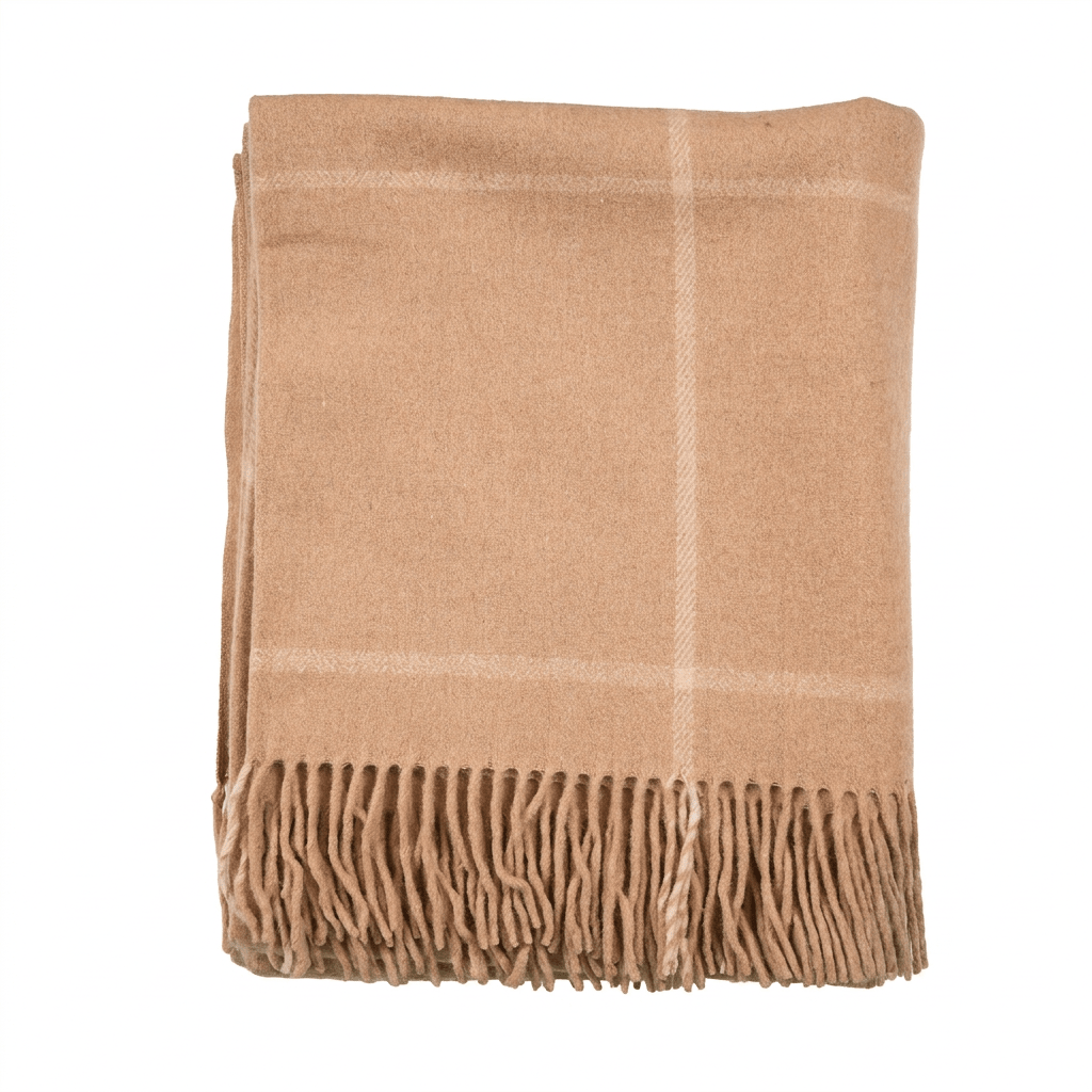 Highland Windowpane Wool Blend Throw Blanket with Tasselled Fringe - LATTE/ PRISTINE - Heritage Of Scotland -