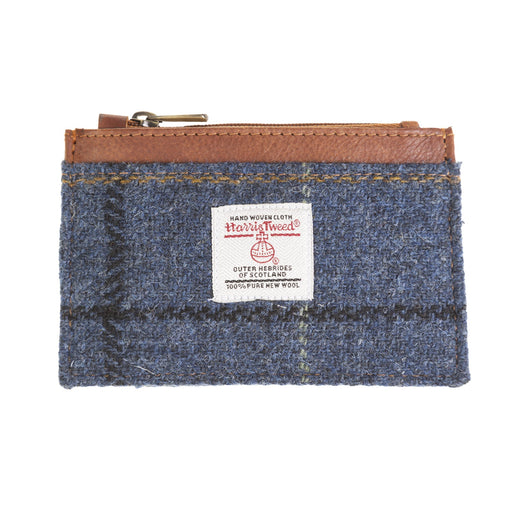 Ht Leather Coin Purse With Card Holder Blue & Black Check / Tan - Heritage Of Scotland - BLUE & BLACK CHECK / TAN