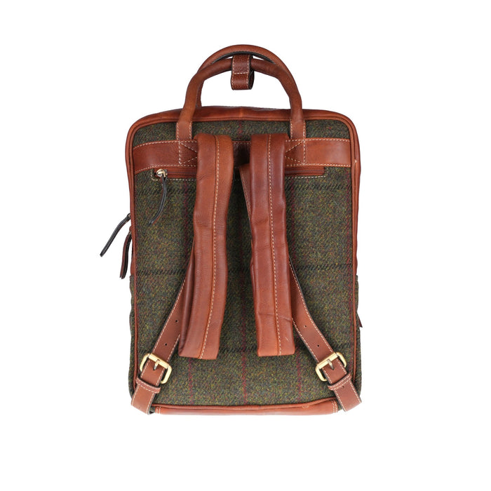 Ht Leather Large Backpack Dark Green Check / Tan - Heritage Of Scotland - DARK GREEN CHECK / TAN