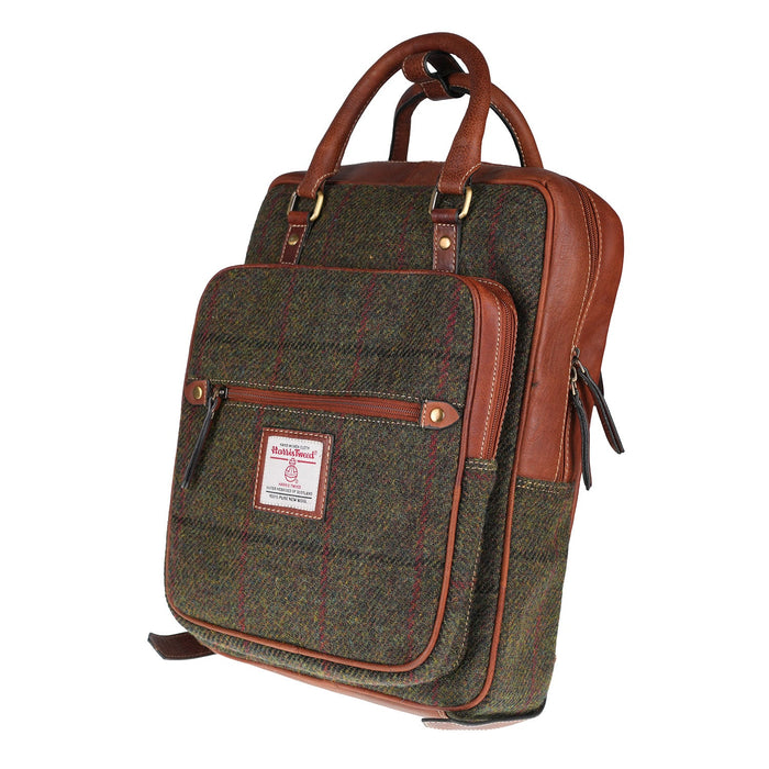 Ht Leather Large Backpack Dark Green Check / Tan - Heritage Of Scotland - DARK GREEN CHECK / TAN