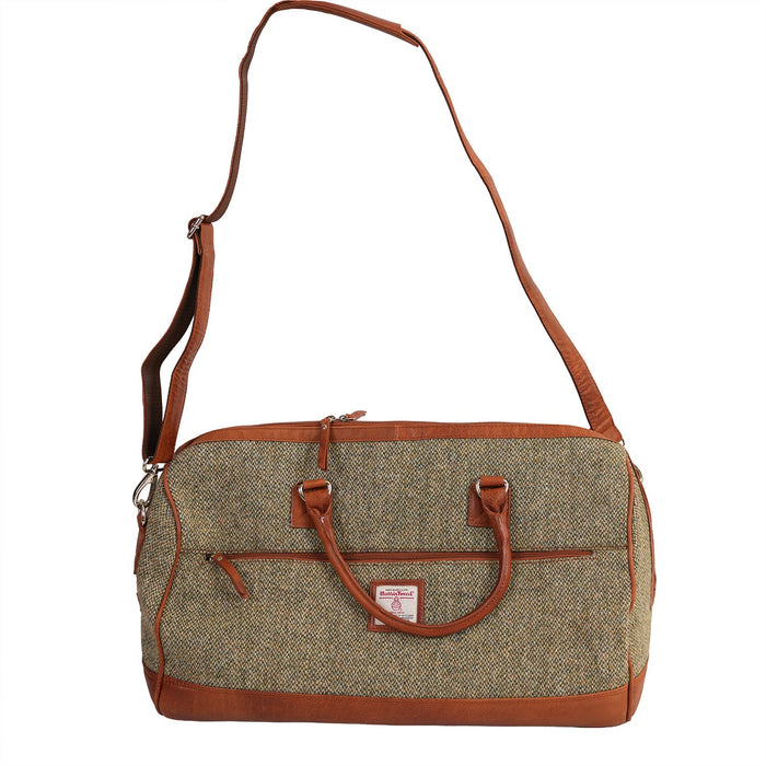 HT LEATHER WEEKENDER BAG - Heritage Of Scotland - GREEN & WHITE BARLEYCORN / TAN