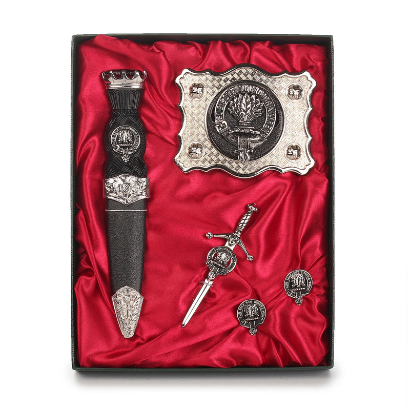 Johnstone Clan Badge, Kilt Pin, Lapel Pin, Cufflinks, Keyring/Key Fob & Gift Set — Fine Pewter by Art Pewter — Made in Scotland (Shiny Finish) - Heritage Of Scotland - Gift Set