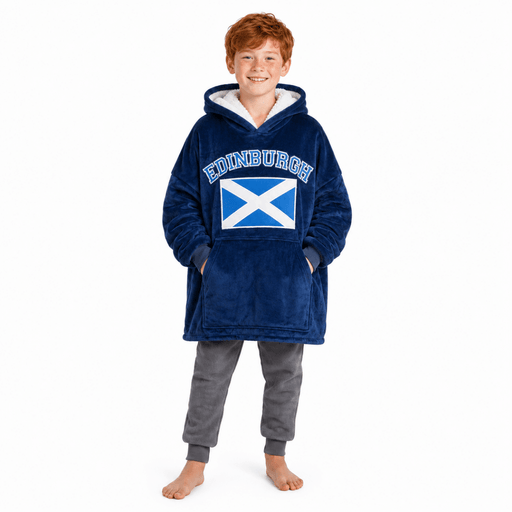 Kids Edinburgh Saltire Hoodie Blanket – Navy Cosy Oversized Fleece - Heritage Of Scotland -