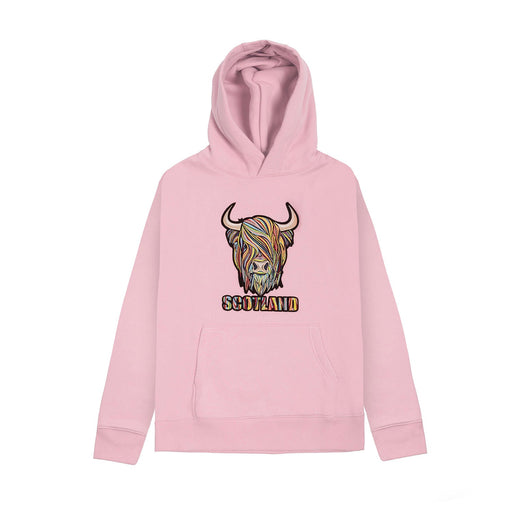 Kids Pastel Highland Cow Hooded Top Cherry Blossom - Heritage Of Scotland - CHERRY BLOSSOM