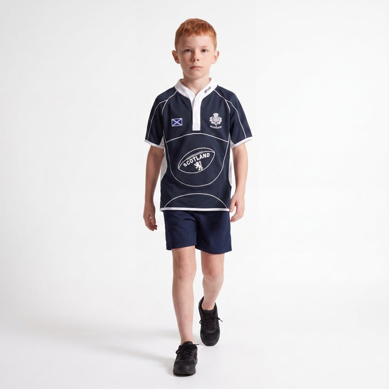 Kids Scotland Rugby Shirt Navy & White – Children’s Thistle Rugby Top - Heritage Of Scotland - NAVY/WHITE / 1-2 YEARS