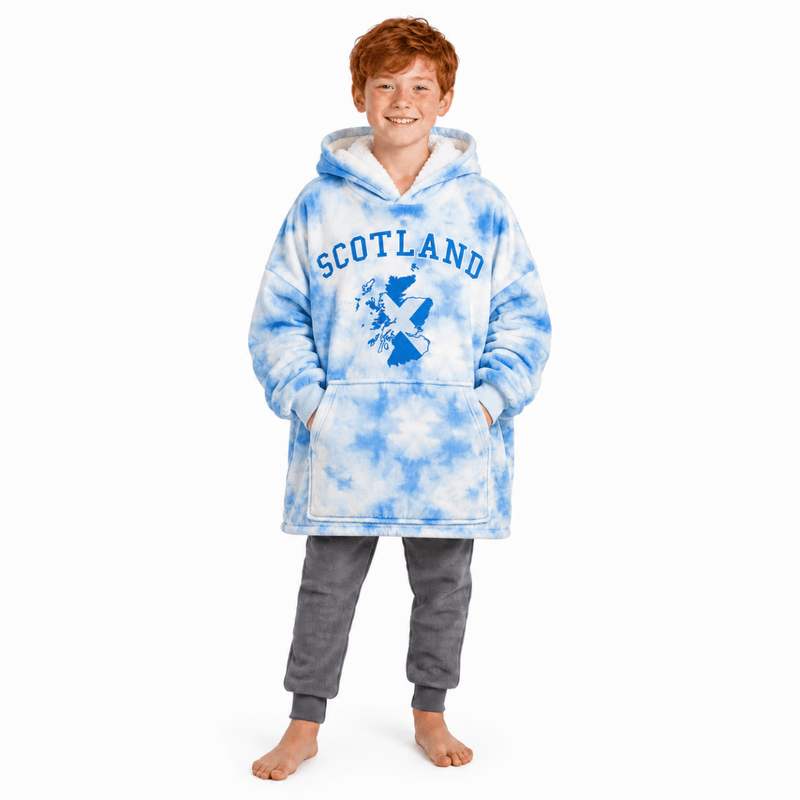 Kids Scotland Tie-Dye Hoodie Blanket – Blue Cosy Oversized Fleece - Heritage Of Scotland -