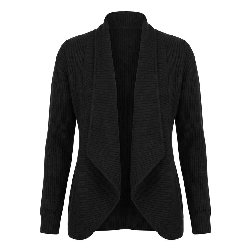 Ladies 100% Cashmere Ribbed Open Front Cardigan - Black - Heritage Of Scotland - Black