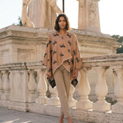 Ladies Beige Horse Print Reversible Wrap Cape - DARK BEIGE AND DARK GREY - Heritage Of Scotland -