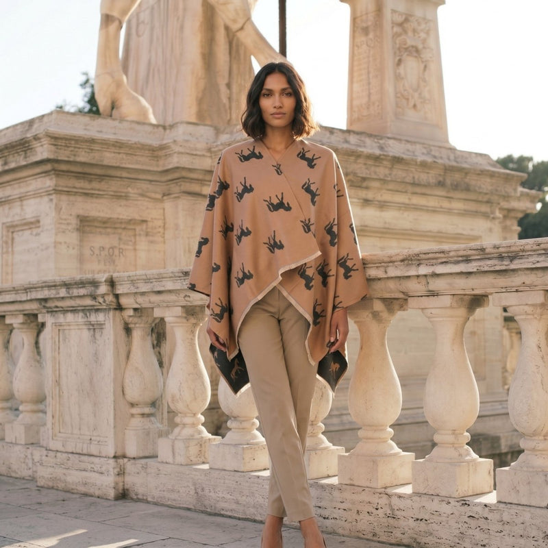 Ladies Beige Horse Print Reversible Wrap Cape - DARK BEIGE AND DARK GREY - Heritage Of Scotland -
