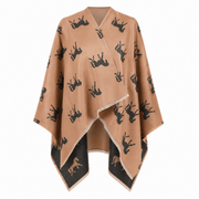 Ladies Beige Horse Print Reversible Wrap Cape - DARK BEIGE AND DARK GREY - Heritage Of Scotland -