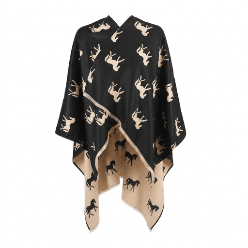 Ladies Black Horse Print Reversible Wrap Cape - BLACK AND WHITE - Heritage Of Scotland -