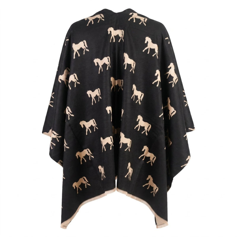 Ladies Black Horse Print Reversible Wrap Cape - BLACK AND WHITE - Heritage Of Scotland -