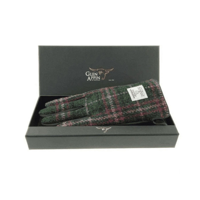 Ladies Brown Leather & Tweed Gloves Dark Green And Plum Check - Heritage Of Scotland - DARK GREEN AND PLUM CHECK