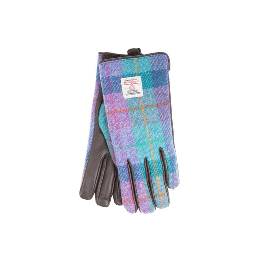 Ladies Brown Leather & Tweed Gloves Green & Purple Check - Heritage Of Scotland - GREEN & PURPLE CHECK