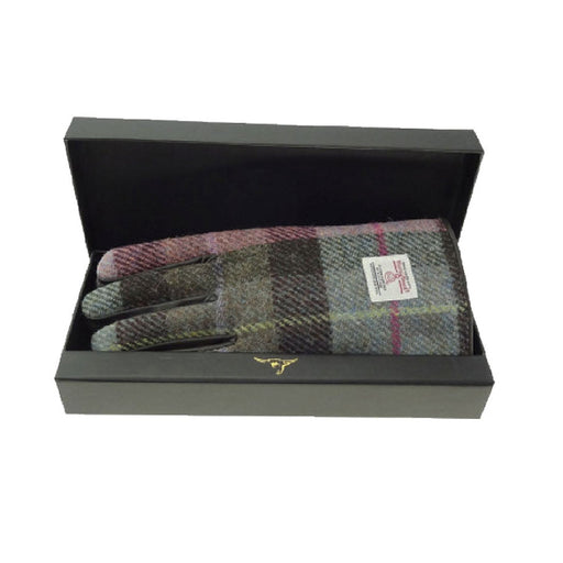 Ladies Brown Leather & Tweed Gloves Muted Green & Rose Pink Tartan - Heritage Of Scotland - MUTED GREEN & ROSE PINK TARTAN