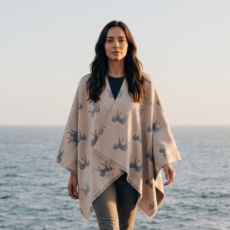 Ladies Cream Horse Print Reversible Wrap Cape - CREAM - Heritage Of Scotland -