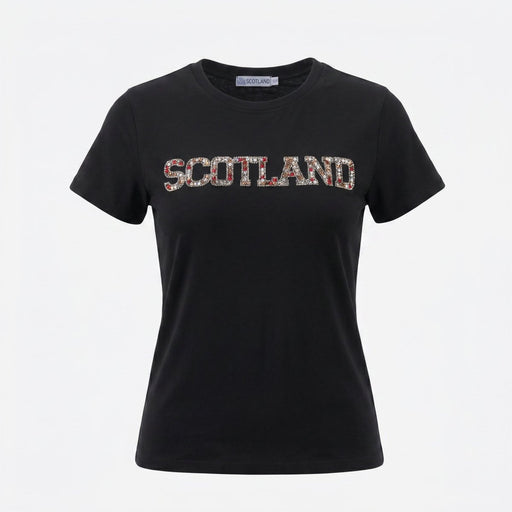 Ladies Diamante Scotland T-Shirt – Cotton Sparkle Tee - Black - Heritage Of Scotland - XS