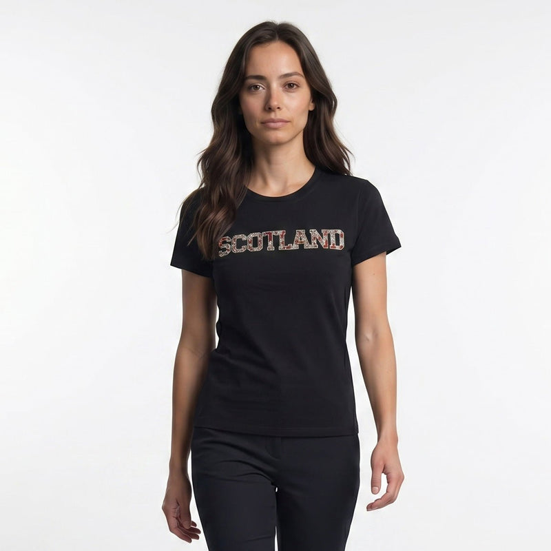 Ladies Diamante Scotland T-Shirt – Cotton Sparkle Tee - Black - Heritage Of Scotland - XS