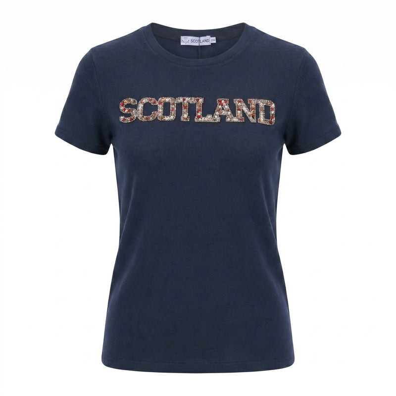 Ladies Diamante Scotland T-Shirt – Cotton Sparkle Tee - Navy - Heritage Of Scotland - XS