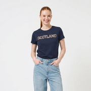 Ladies Diamante Scotland T-Shirt – Cotton Sparkle Tee - Navy - Heritage Of Scotland - XS