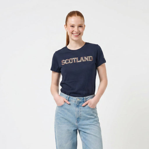 Ladies Diamante Scotland T-Shirt – Cotton Sparkle Tee - Navy - Heritage Of Scotland - XS