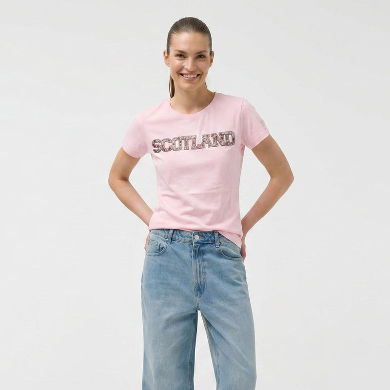Ladies Diamante Scotland T-Shirt – Cotton Sparkle Tee - Pink - Heritage Of Scotland - XS