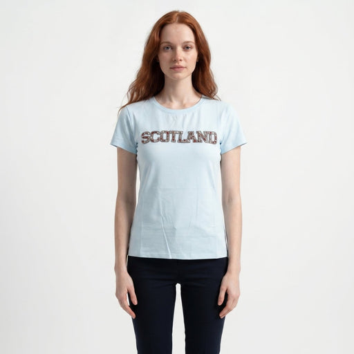 Ladies Diamante Scotland T-Shirt – Cotton Sparkle Tee - Sky - Heritage Of Scotland - XS