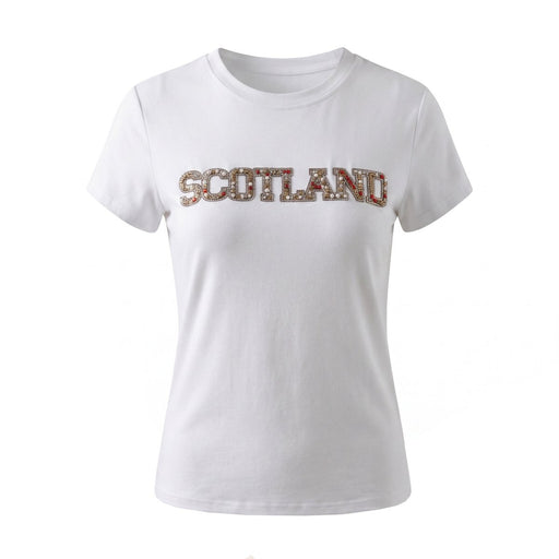 Ladies Diamante Scotland T-Shirt – Cotton Sparkle Tee - White - Heritage Of Scotland - XS