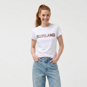 Ladies Diamante Scotland T-Shirt – Cotton Sparkle Tee - White - Heritage Of Scotland - XS