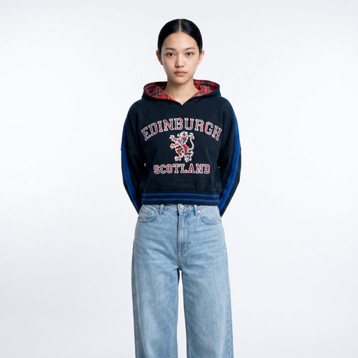 Ladies Edinburgh Lion Cropped Hoodie – Navy Tartan Pullover - Heritage Of Scotland - S