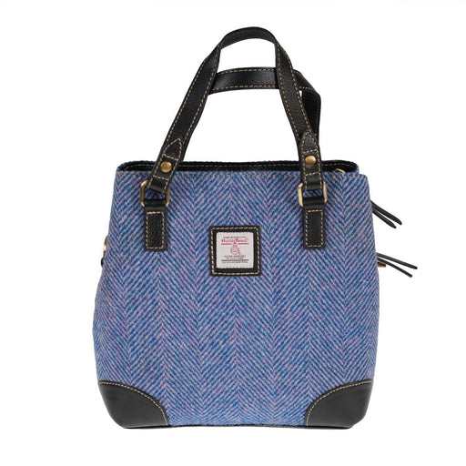 Ladies Harris Tweed And Leather Hand Bag - BLUE & PINK HERRINGBONE / BLACK - Heritage Of Scotland -