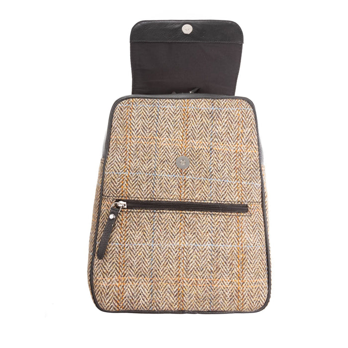 Ladies Ht Leather Foldover Backpack Tan & Brown Herringbone / Black - Heritage Of Scotland - TAN & BROWN HERRINGBONE / BLACK