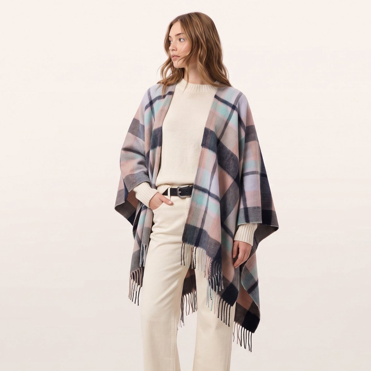 Ladies Mini Cape Edinburgh 100% Lambswool - Myriad Check Navy, Greige & Light Blue - Heritage Of Scotland -