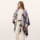 Ladies Mini Cape Edinburgh 100% Lambswool - Myriad Check Navy, Greige & Light Blue - Heritage Of Scotland -