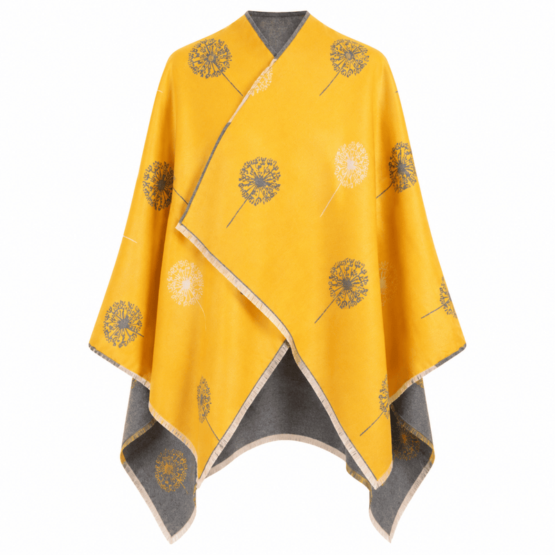 Ladies Mustard Yellow Dandelion Print Reversible Cape Wrap - OCHRE AND GREY - Heritage Of Scotland -