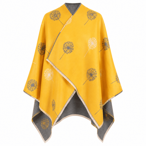 Ladies Mustard Yellow Dandelion Print Reversible Cape Wrap - OCHRE AND GREY - Heritage Of Scotland -