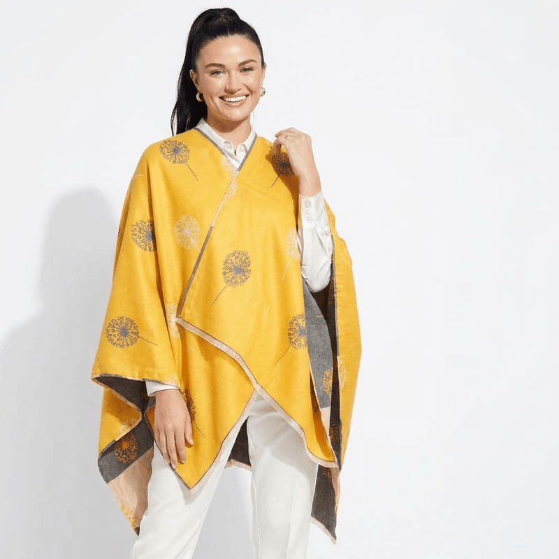 Ladies Mustard Yellow Dandelion Print Reversible Cape Wrap - OCHRE AND GREY - Heritage Of Scotland -
