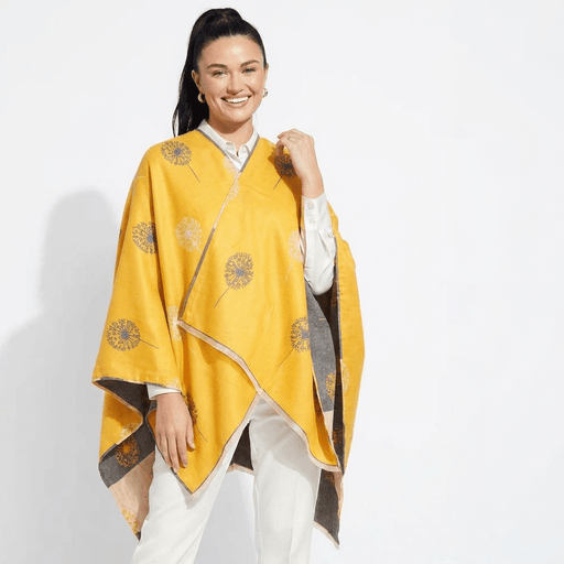 Ladies Mustard Yellow Dandelion Print Reversible Cape Wrap - OCHRE AND GREY - Heritage Of Scotland -