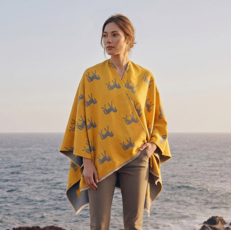 Ladies Mustard Yellow Horse Print Reversible Wrap Cape - ORCHE AND LIGHT GREY - Heritage Of Scotland -