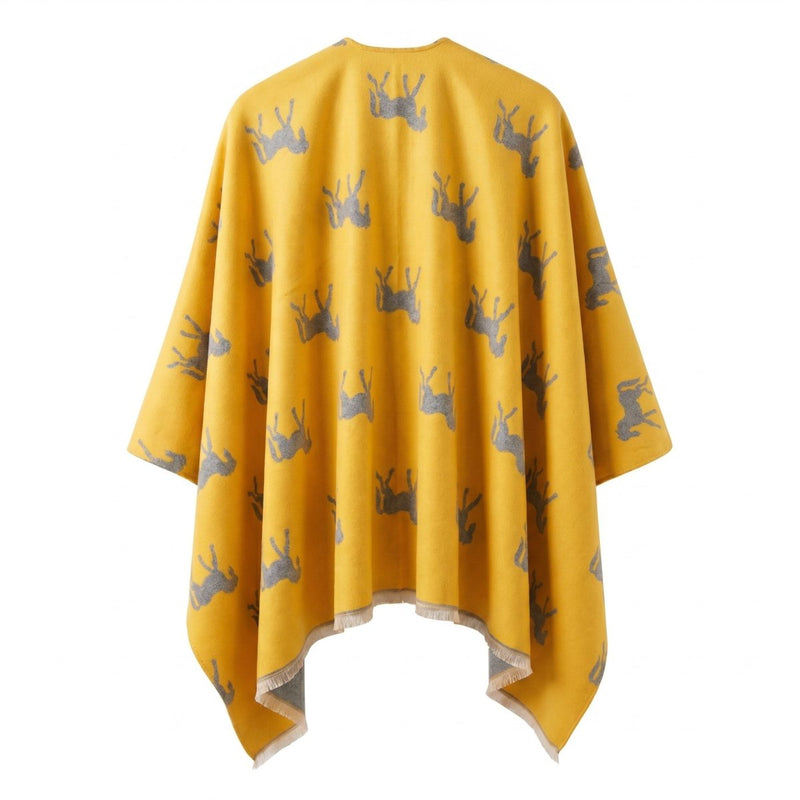 Ladies Mustard Yellow Horse Print Reversible Wrap Cape - ORCHE AND LIGHT GREY - Heritage Of Scotland -
