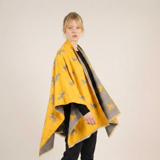 Ladies Mustard Yellow Horse Print Reversible Wrap Cape - ORCHE AND LIGHT GREY - Heritage Of Scotland -