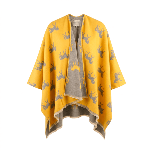 Ladies Mustard Yellow Horse Print Reversible Wrap Cape - ORCHE AND LIGHT GREY - Heritage Of Scotland -