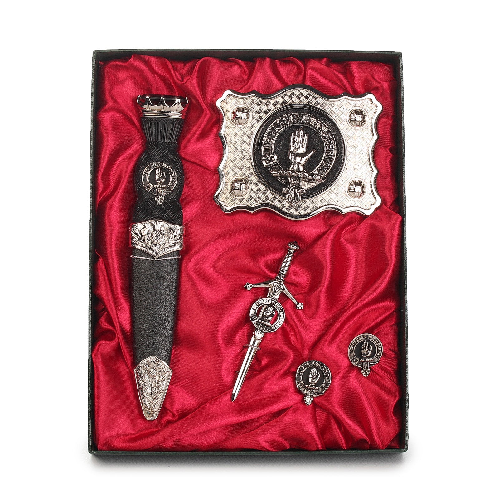 Lamont Clan Badge, Kilt Pin, Lapel Pin, Cufflinks, Keyring/Key Fob & Gift Set — Fine Pewter by Art Pewter — Made in Scotland (Shiny Finish) - Heritage Of Scotland - Gift Set