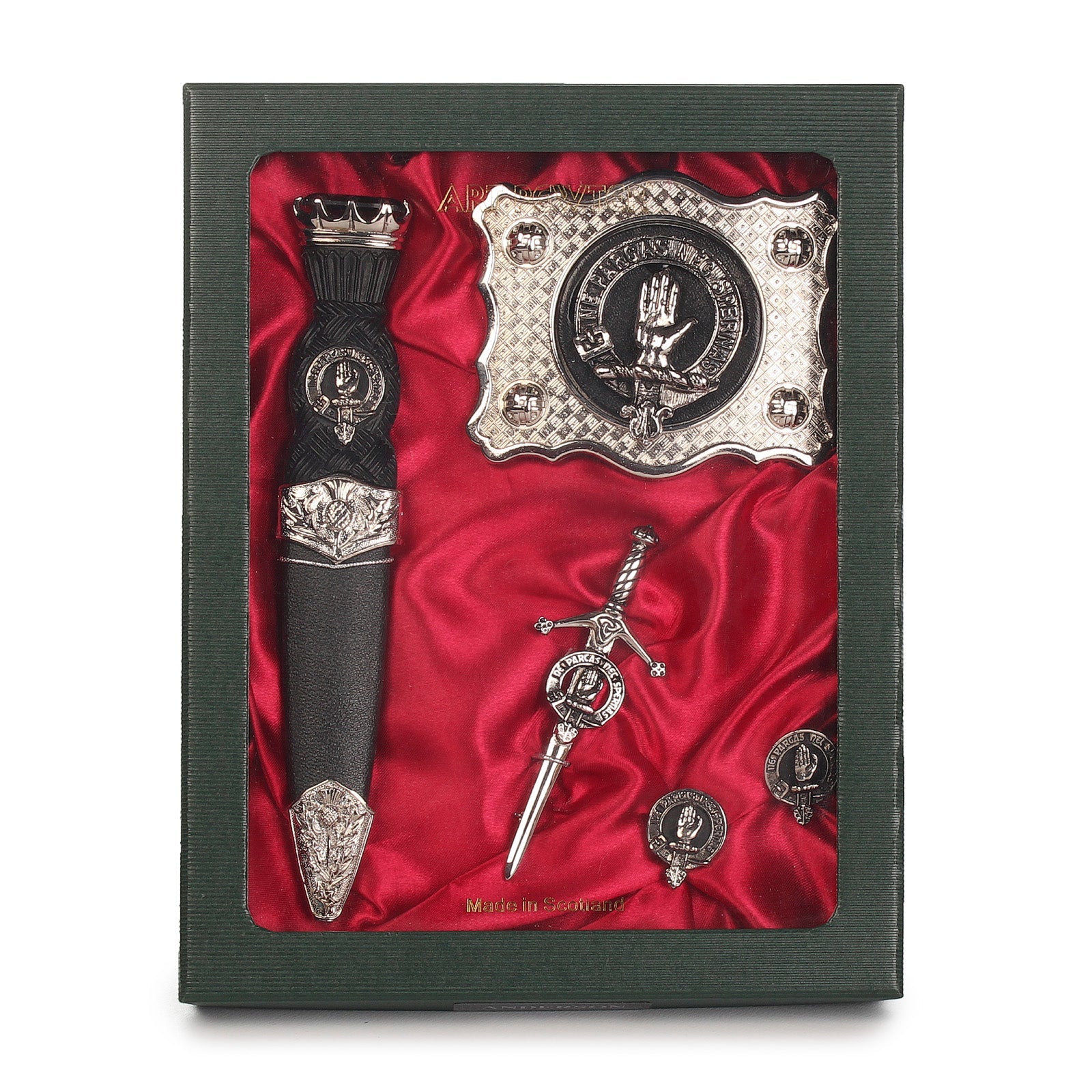 Lamont Clan Badge, Kilt Pin, Lapel Pin, Cufflinks, Keyring/Key Fob & Gift Set — Fine Pewter by Art Pewter — Made in Scotland (Shiny Finish) - Heritage Of Scotland - Gift Set