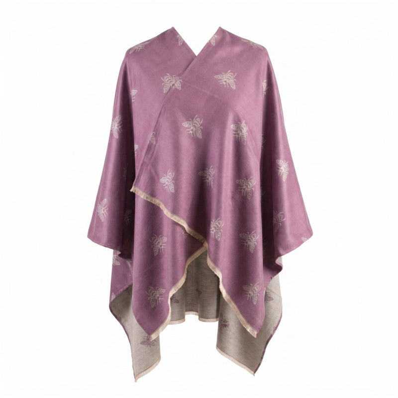 Lilac Bee Print Reversible Wrap Cape for Women - PURPLE AND LIGHT GREY - Heritage Of Scotland -
