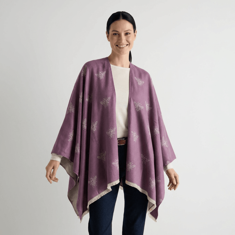 Lilac Bee Print Reversible Wrap Cape for Women - PURPLE AND LIGHT GREY - Heritage Of Scotland -